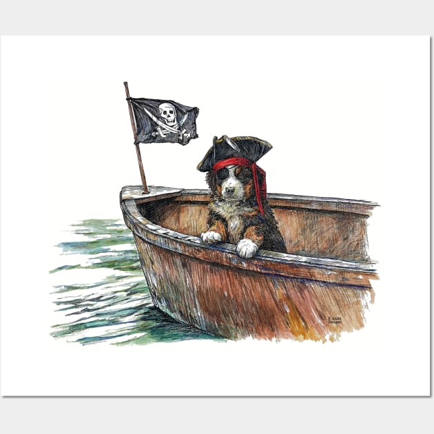 Little Berner Puppy Dog Pirate in Boat with Jolly Roger Flag Wall Art by Prairie Dog Print